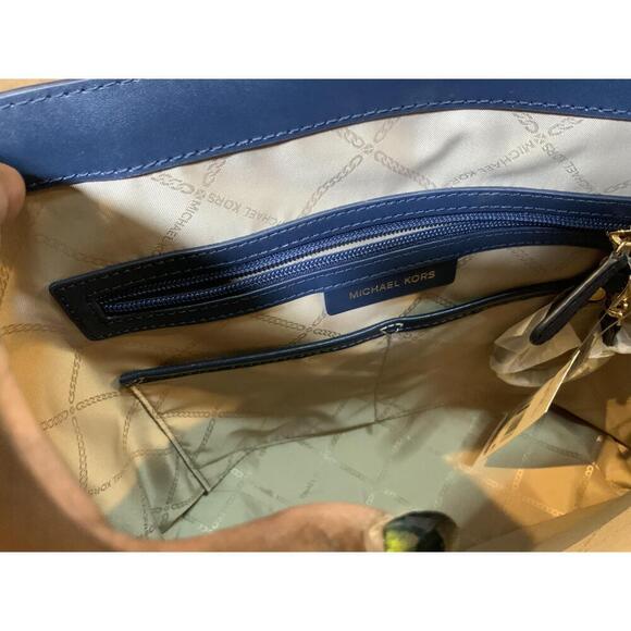 Michael Kors Blue Leather Logo Print Tote Handbag Dual Handles Sz 11x11 Luxe Bag - Picture 10 of 14